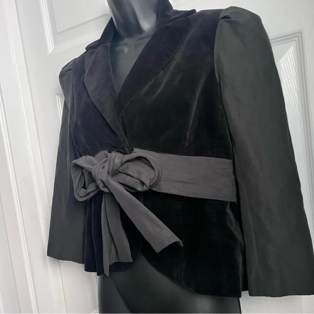 Robert Rodriguez Velvet Blazer Jacket Black Knot bow collar Size 6 Small belted - Picture 2 of 6
